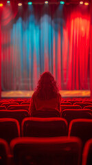 Woman Sitting Alone in Theater with Red Curtains and Blue Background