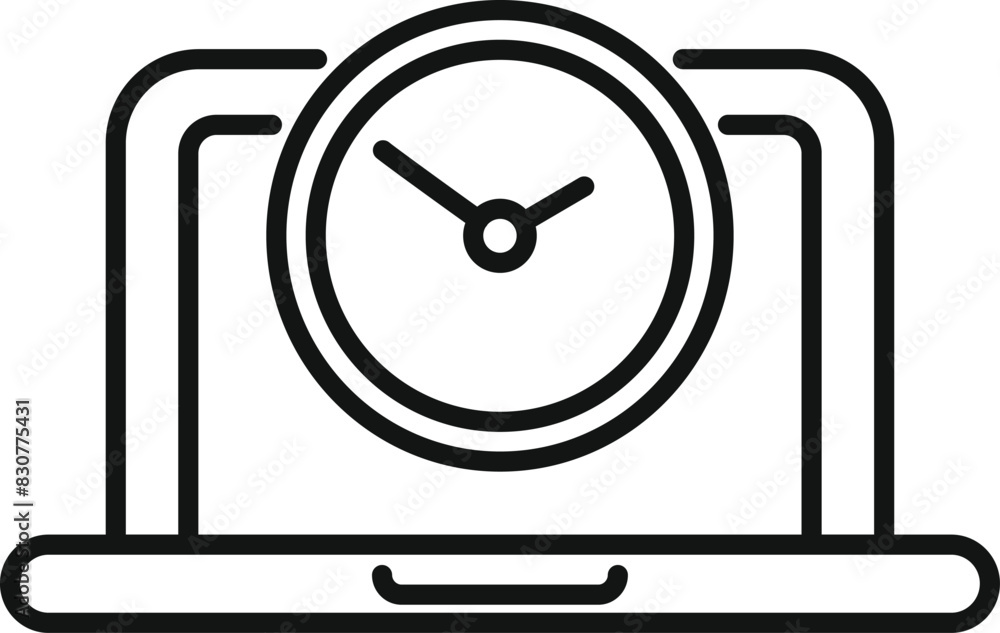 Poster minimalistic line icon depicting a laptop with a central clock, symbolizing time management and dead
