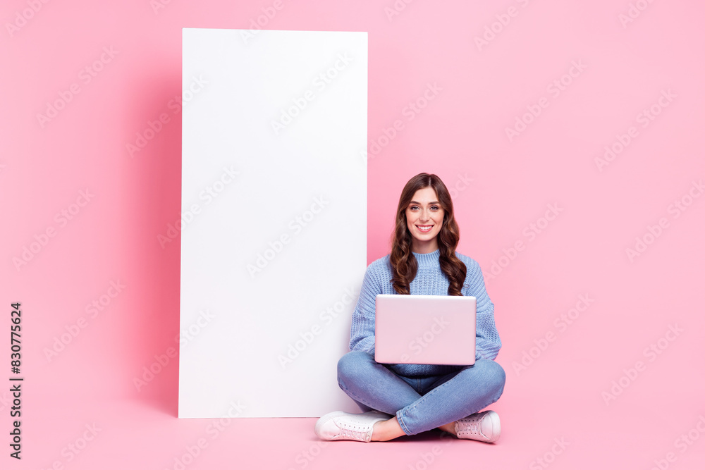 Wall mural full size photo of positive nice girl use wireless netbook big empty space banner isolated on pink c