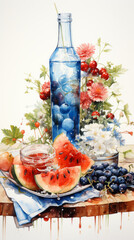 Watercolor painting of a still life with a glass bottle, fruit, and flowers.  A refreshing summer scene.