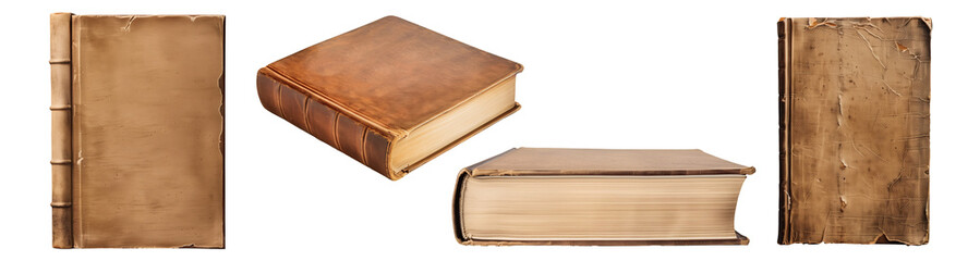 Obraz premium Mockup of isolated books with blank brown cover on a transparent background. Set of 4 classic antique old books in front view and isometric view. Volume 5.