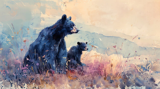 A mother bear and her cub sit together on a grassy hill, gazing into the distance. The soft, watercolor style creates a gentle and heartwarming scene.