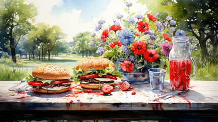 A picnic table with sandwiches, flowers, and a pitcher of juice.  The background features a lush green park.