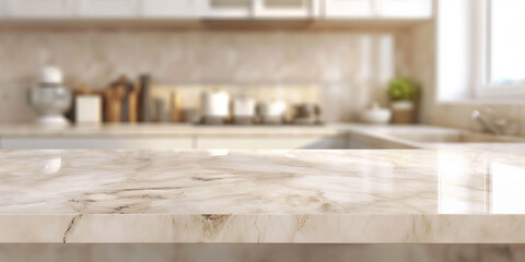 Empty kitchen marble countertop in light colors with blurred background behind, advertising banner.