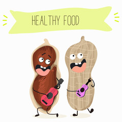 Cute peanut nut characters, funny nuts, with different activities, outdoor, sports,musical instrument. Organic food, healthy food, illustrations for kids menu.