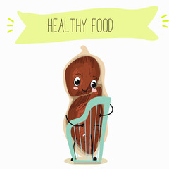 Cute peanut nut characters, funny nuts, with different activities, outdoor, sports,musical instrument. Organic food, healthy food, illustrations for kids menu.