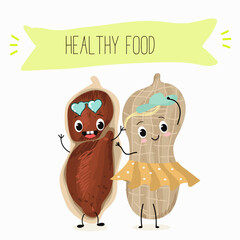 Cute peanut nut characters, funny nuts, with different activities, outdoor, sports,musical instrument. Organic food, healthy food, illustrations for kids menu.