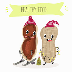 Cute peanut nut characters, funny nuts, with different activities, outdoor, sports,musical instrument. Organic food, healthy food, illustrations for kids menu.