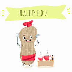 Cute peanut nut characters, funny nuts, with different activities, outdoor, sports,musical instrument. Organic food, healthy food, illustrations for kids menu.