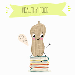 Cute peanut nut characters, funny nuts, with different activities, outdoor, sports,musical instrument. Organic food, healthy food, illustrations for kids menu.