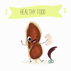 Cute peanut nut characters, funny nuts, with different activities, outdoor, sports,musical instrument. Organic food, healthy food, illustrations for kids menu.