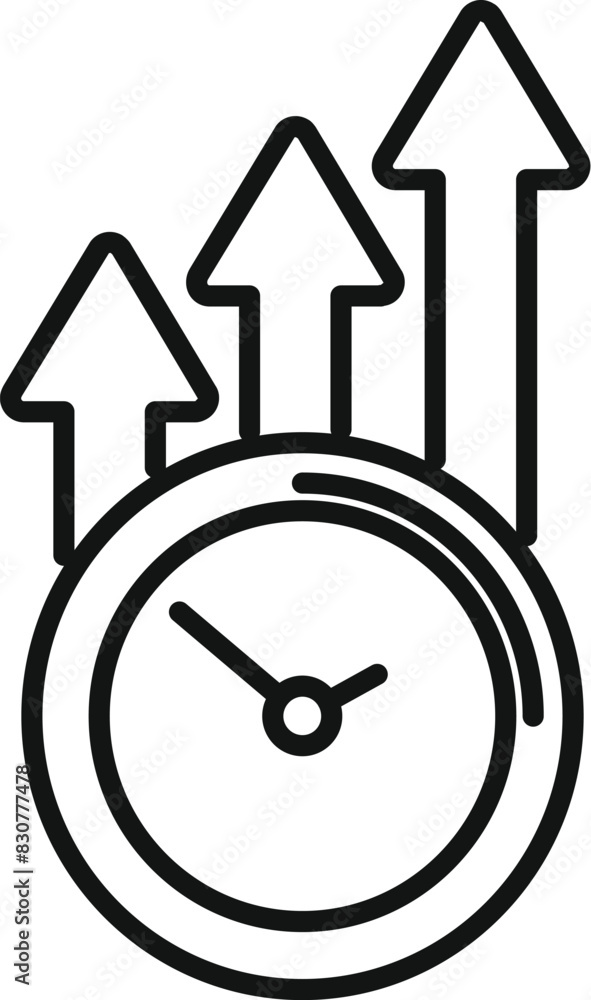 Poster black and white line art icon of a clock with upward arrows symbolizing increasing efficiency and pr