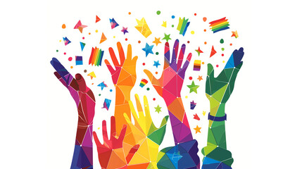 Vibrant illustration of diverse, Colorful Raised Hands Celebrating Diversity and Inclusion