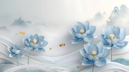 Asian background with blue and gold lotus flower, leaves and buds. Elegant floral minimalistic wallpaper, banner, poster. Oriental Chinese or Japanese style. Happy Vesak Day, Buddha Purnima