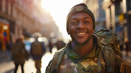 The smiling soldier in the city - Powered by Adobe