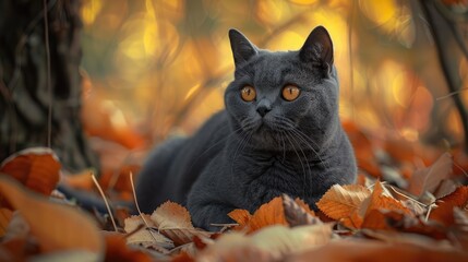 British cat lost in a fall setting