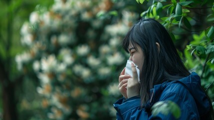 Fototapeta premium The woman sneezing outdoors