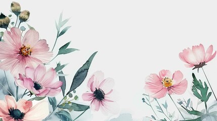 Fototapeta premium Elegant Watercolor Floral Banner with Pink Cosmos Blooms