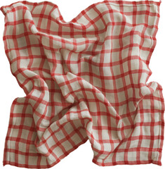 Red and white checkered dish towel crumpled isolated on transparent background.