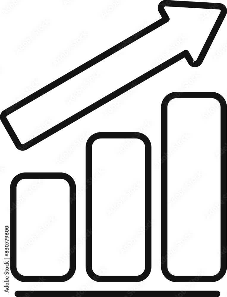 Poster simplistic black line art icon of a bar graph with three increasing bars and an upward arrow, symbol