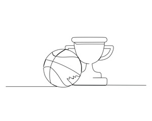 Continuous single line drawing of basketball and winning trophies. basketball tournament event . Design illustration