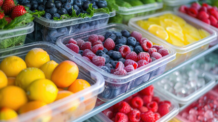 frozen fruits in plastic containers on the shelf of an open refrigerator. 