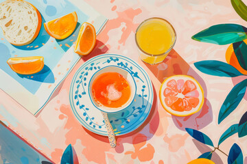 Food on The Table greek table with fruit, juice and bread, oil painting