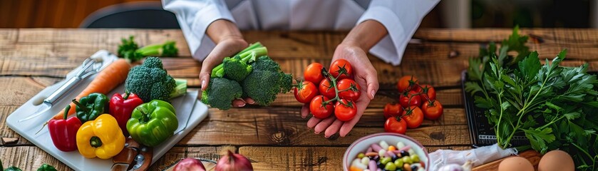 A dietitian consulting with a patient, focus on, personalized nutrition theme, vibrant, blend mode, consultation room backdrop
