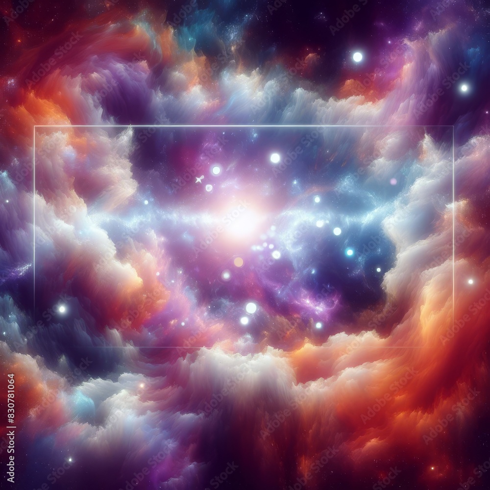 Poster vibrant, abstract cosmic scene depicting colorful clouds and twinkling stars in a dynamic and myster