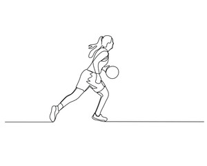 Continuous single line drawing of side view of female basketball athlete dribbling the ball while running. basketball tournament event . Design illustration