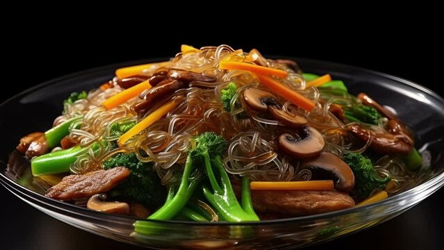 Savory japchae recipe. mouthwatering and authentic south korean stir-fried glass noodles delight