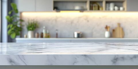 Empty kitchen white marble countertop with blurred background behind, advertising banner.
