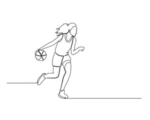 Continuous single line drawing of female basketball athlete running while dribbling the ball. basketball tournament event . Design illustration