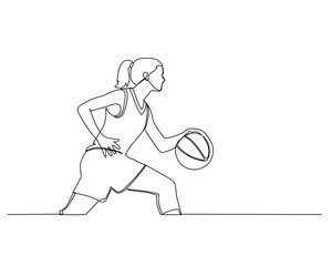 Continuous single line drawing of side view of female basketball athlete running while dribbling the ball. basketball tournament event . Design illustration