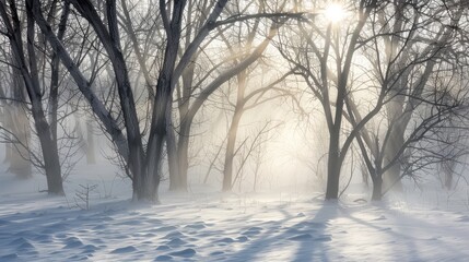 Sunlight filtering through bare winter trees