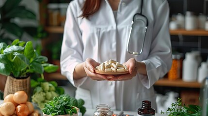 A dietitian recommending supplements, close up, holistic nutrition theme, realistic, overlay, wellness center backdrop