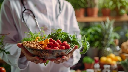 A dietitian recommending supplements, close up, holistic nutrition theme, realistic, overlay, wellness center backdrop