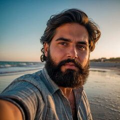 Beach Day Bliss: Bearded Man Snapping a Selfie