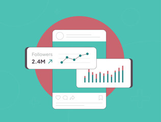 Social Media Engagement Rates for Tracking Followers Growth KPI Metrics. Audience engagement and performance monitoring. Social media followers flat vector illustration with icons
