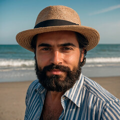 Happy Selfie Time: Bearded Man Enjoying the Beach