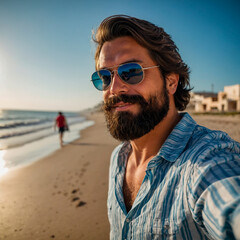 Summer Vibes: Bearded Man Captures the Moment on the Beach