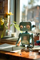 A small robotic educational assistant sits on a table ready to help with learning.