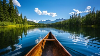 Canoe on calm lake with forested shoreline and mountain backdrop under blue sky with clouds.