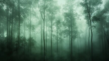 Fototapeta premium Tall trees in foggy forest.