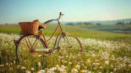 Fototapeta premium Vintage bicycle with wicker basket in a field of blooming daisies.