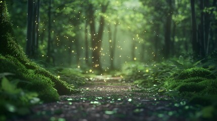Obraz premium Forest pathway with glowing particles and soft sunlight filtering through the trees.