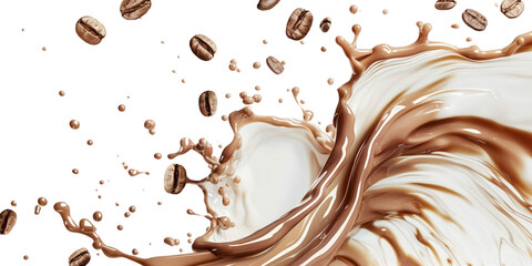 Milk Brown coffee liquid swirl splash and little bubbles with falling coffee Beans isolated white on background