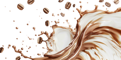 Milk Brown coffee liquid swirl splash and little bubbles with falling coffee Beans isolated white on background