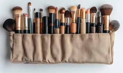 Cosmetic bag filled with makeup products on white background