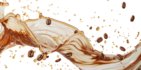 Milk Brown coffee liquid swirl splash and little bubbles with falling coffee Beans isolated white on background
